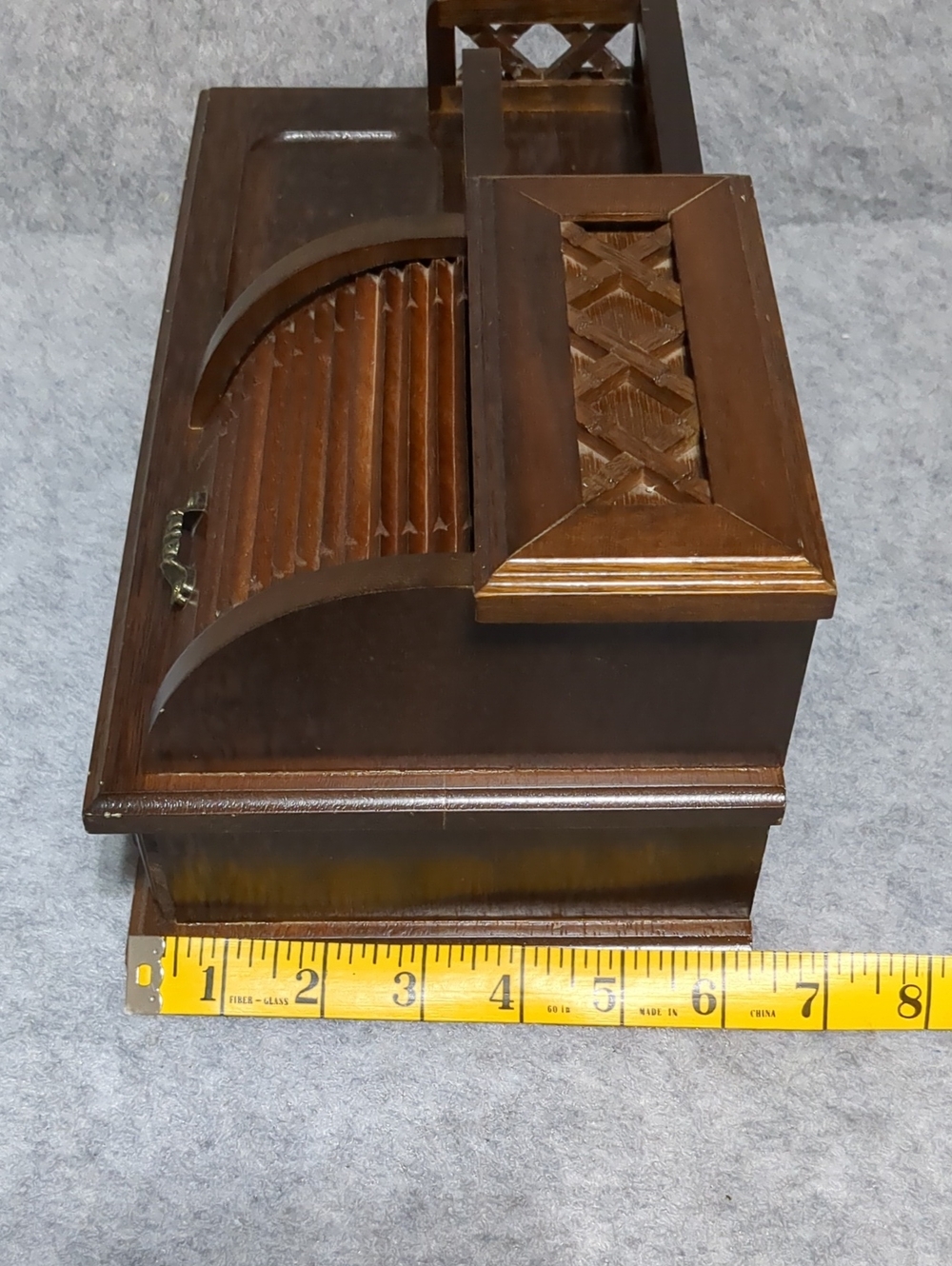Vintage Wooden Jewelry Box Desk Organizer Roll-Top Velvet Storage Drawer - Picture 11 of 14